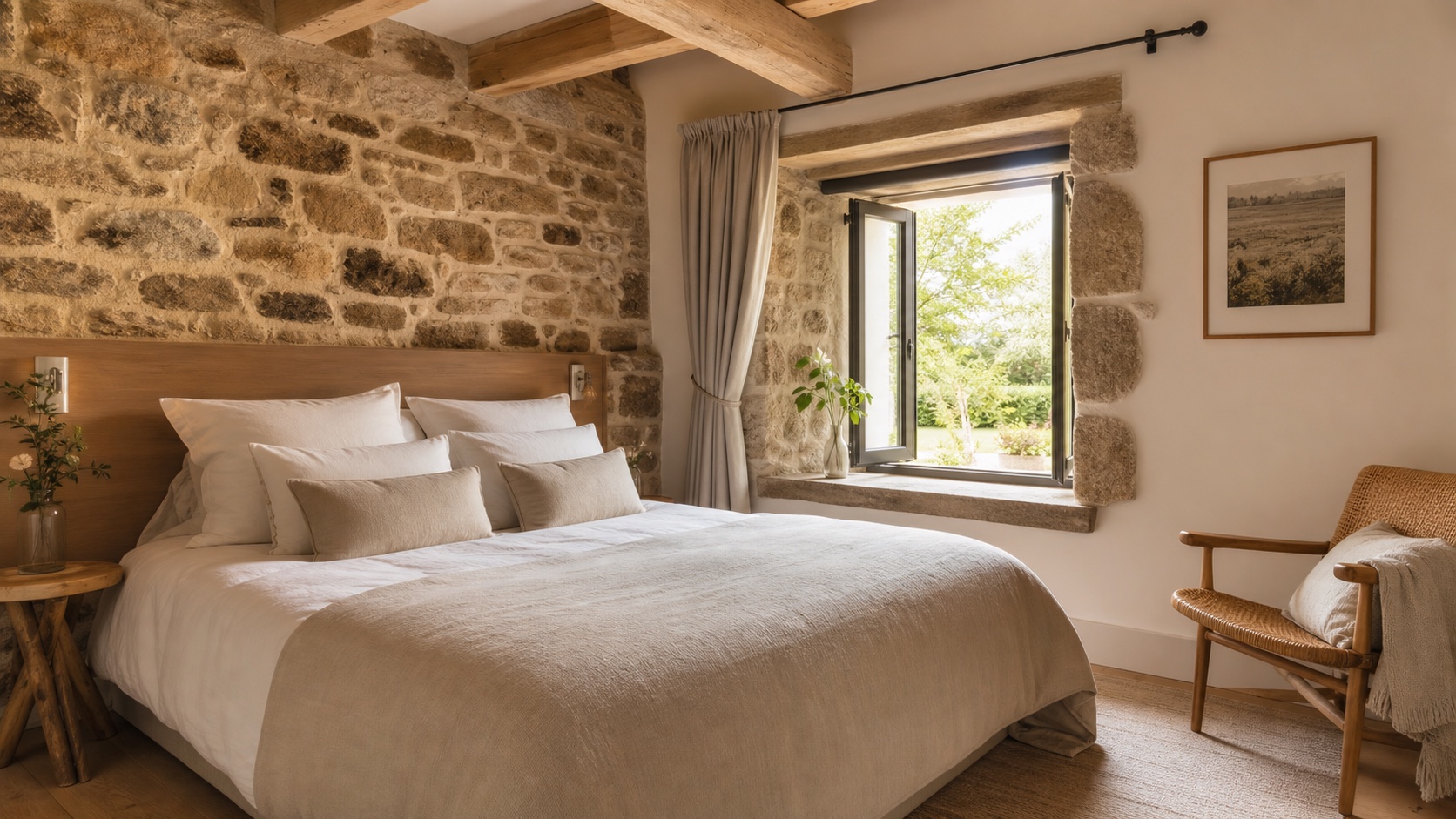 Chambre lumineuse du gîte avec mur en pierre